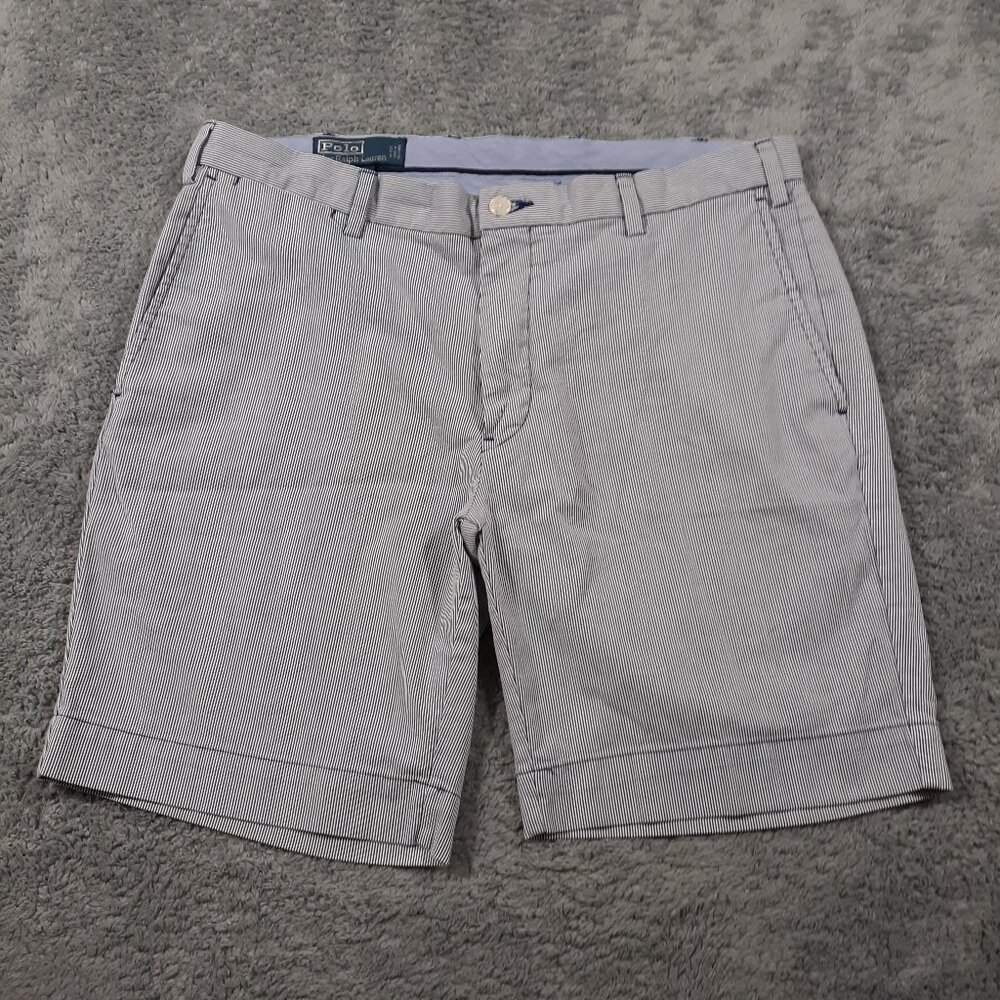Polo Ralph Lauren Chino Shorts Mens 35 x 8 Blue Flat Front Cotton Pinestripe